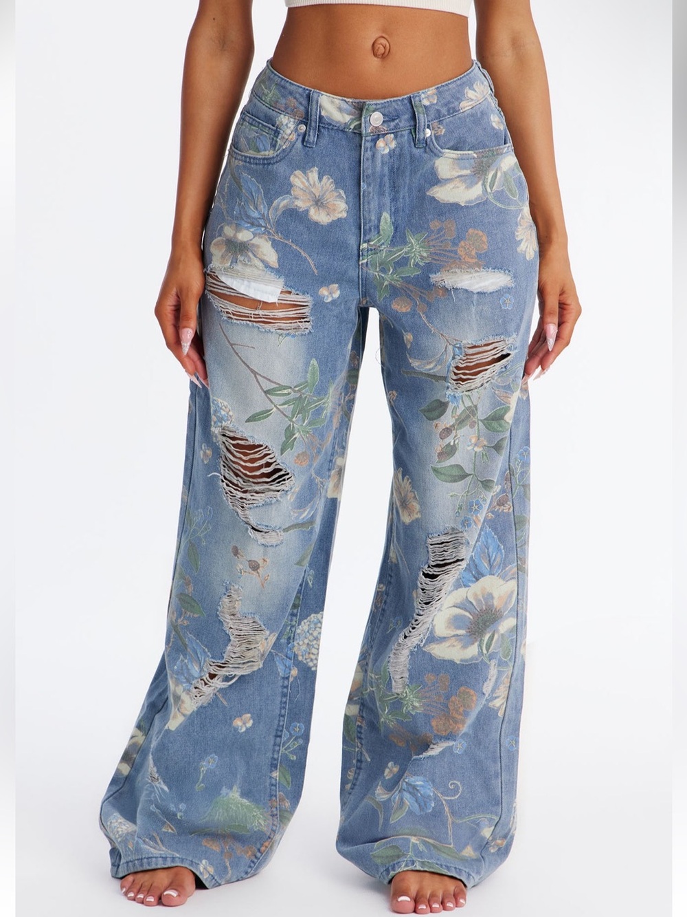 NWT Blooming Flowers High-Rise Floral Distressed Wide-Leg Jeans sz 9